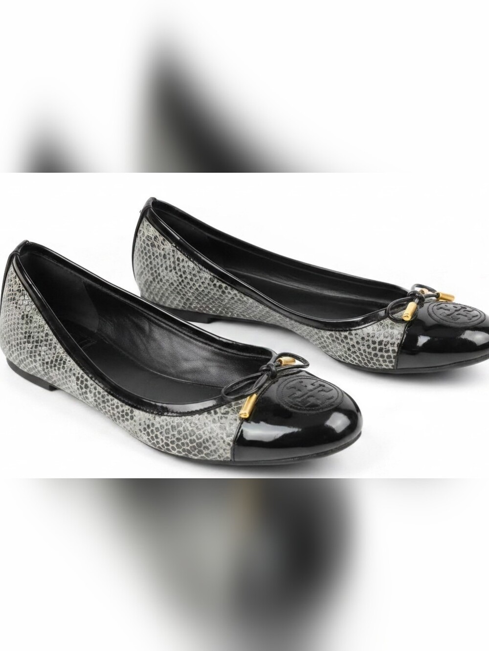 Tory Burch Black Patent Toe and Gray Snake-Print Ballet Flats